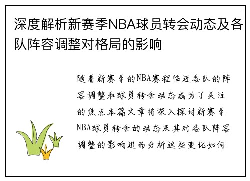 深度解析新赛季NBA球员转会动态及各队阵容调整对格局的影响
