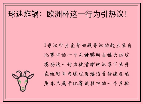 球迷炸锅：欧洲杯这一行为引热议！
